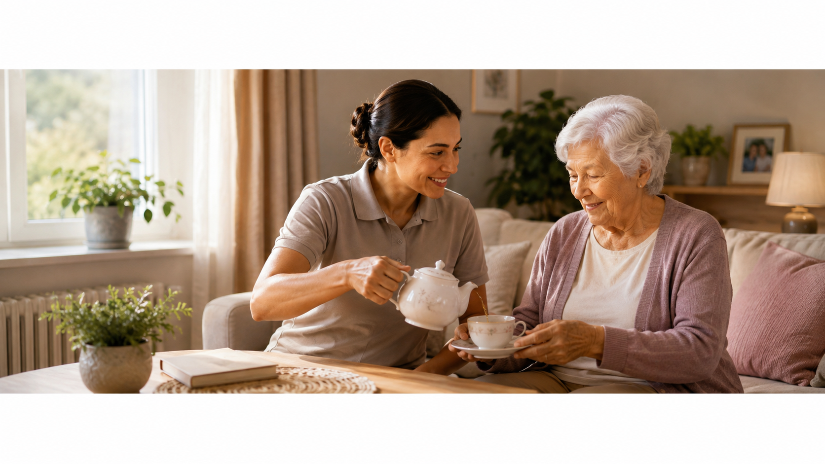 Betreuungskraft und Seniorin beim Teetrinken