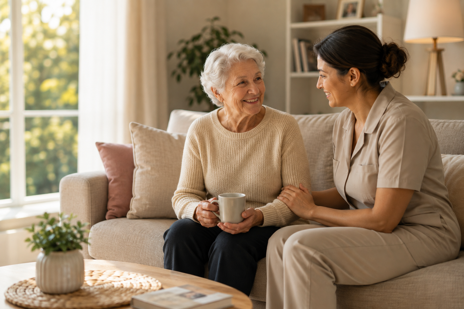 Betreuungskraft und Seniorin im Gespräch zu Hause