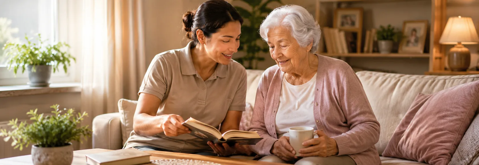 Betreuungskraft liest gemeinsam mit einer Seniorin