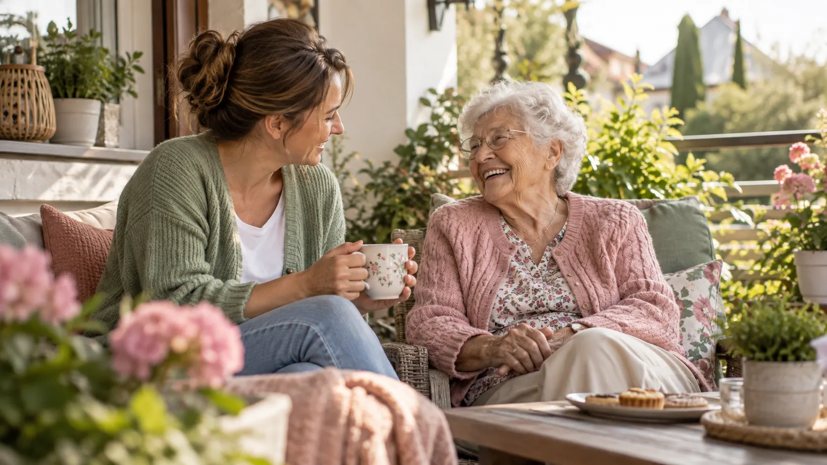 Betreuungskraft und ältere Dame lachen gemeinsam auf der Terrasse bei Kaffee