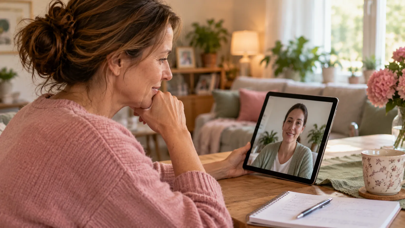 Frau führt am Esstisch ein Videogespräch mit einer möglichen Betreuungskraft auf dem Tablet