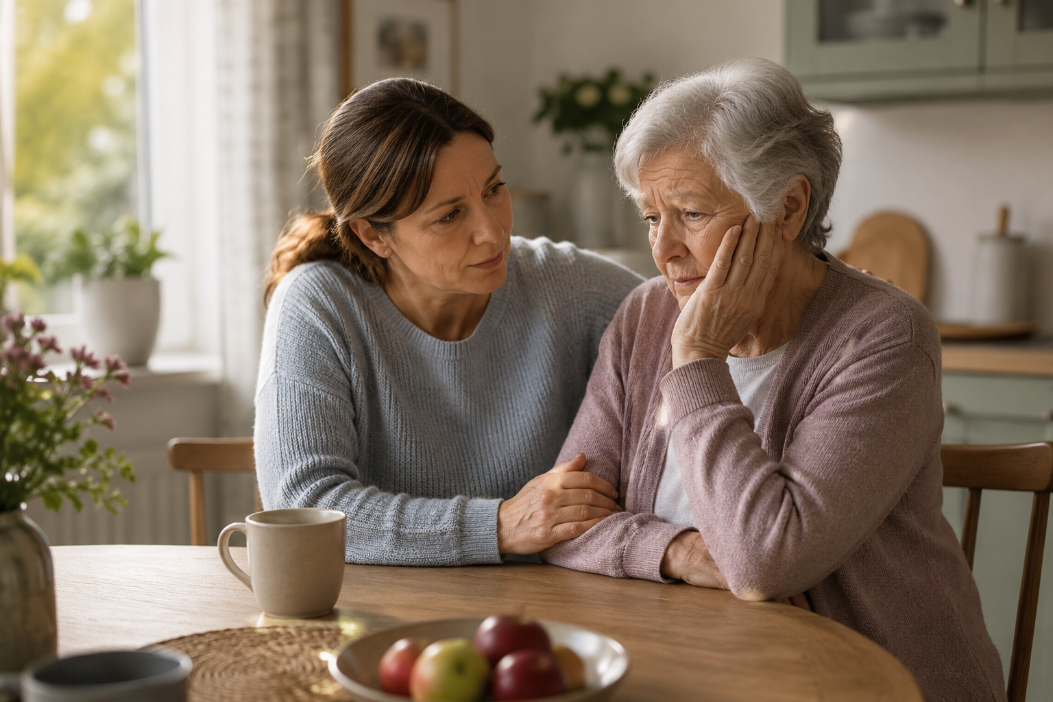 Betreuungskraft und Seniorin im persönlichen Gespräch