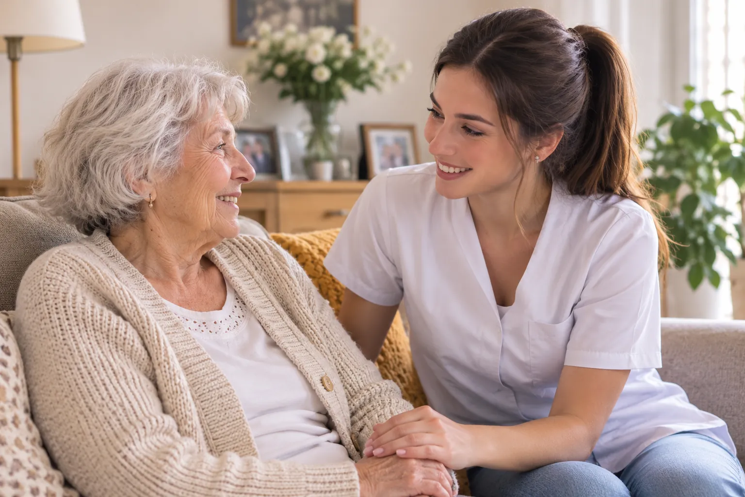 Betreuungskraft hält die Hand einer Seniorin im Wohnzimmer