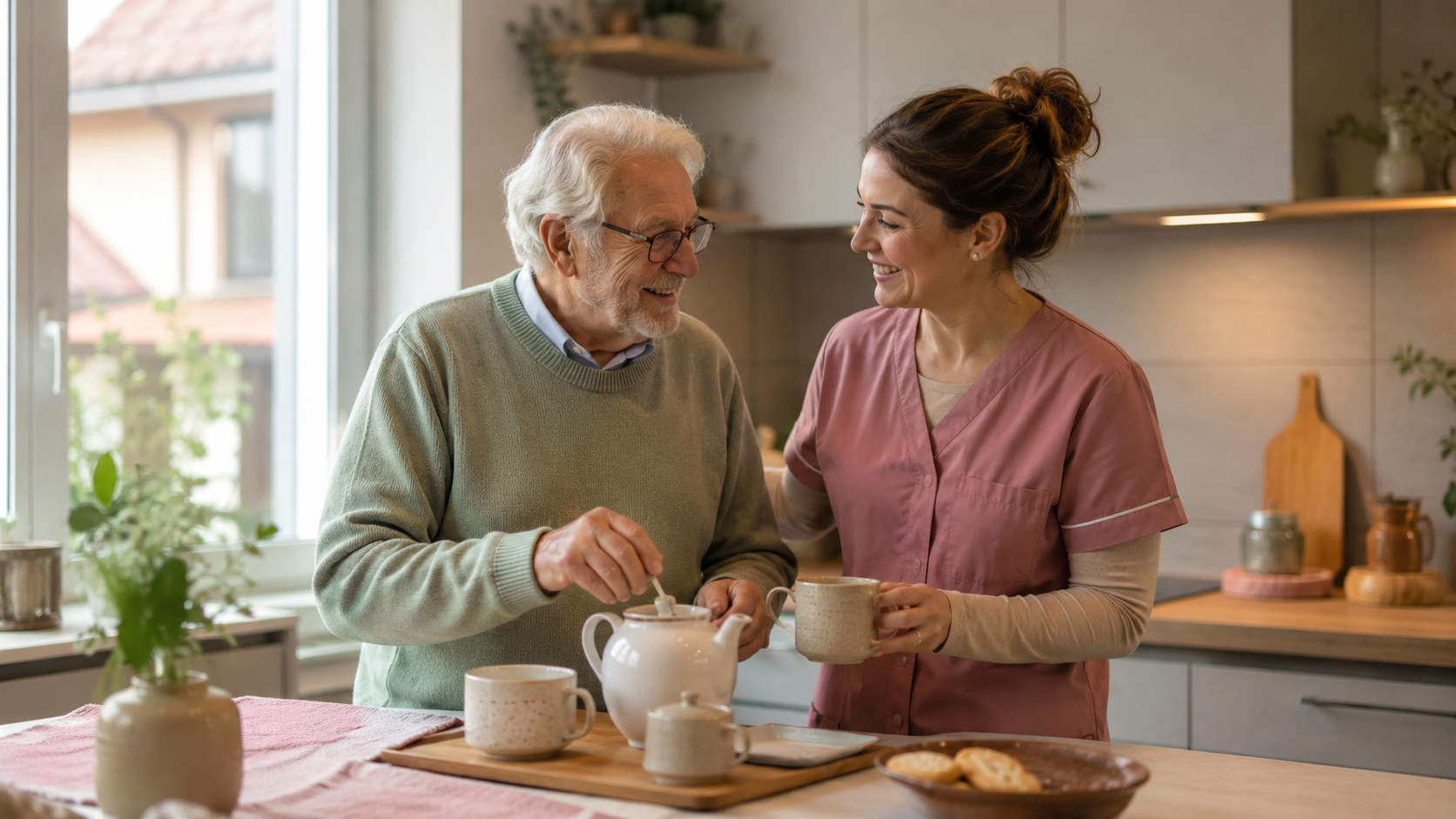 Pflegekraft und Senior beim gemeinsamen Tee in der Küche